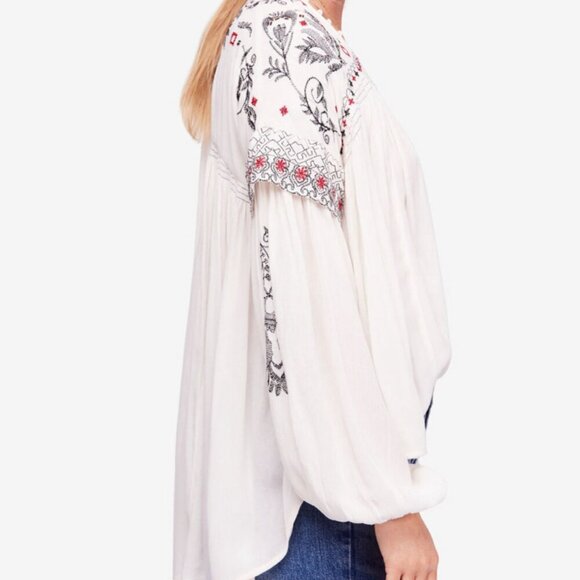 ICONIC BOHO WESTERN FREE PEOPLE EMBROIDERED STUDDED V NECK BLOUSE OFF WHITE SZ M - Picture 14 of 16
